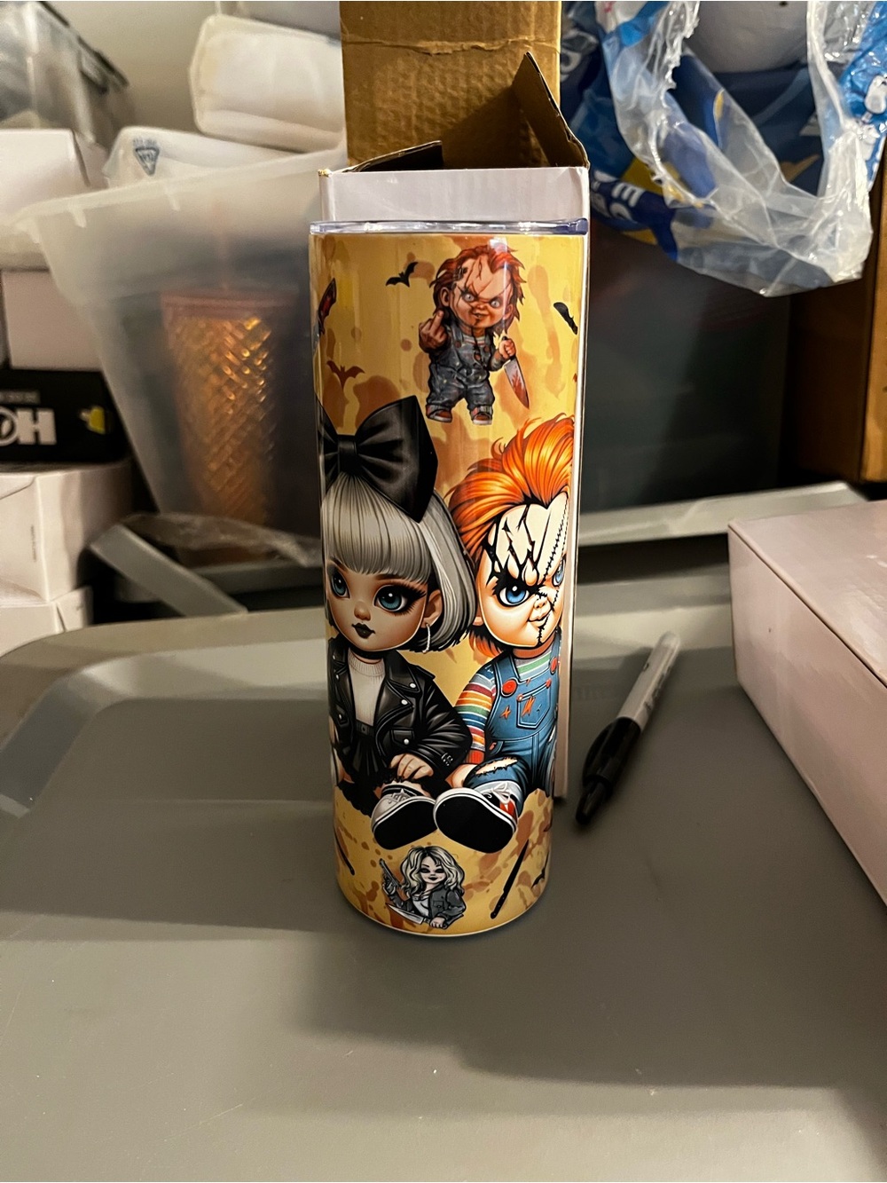 Horror Character Stainless Tumbler - Yellow Orange Design